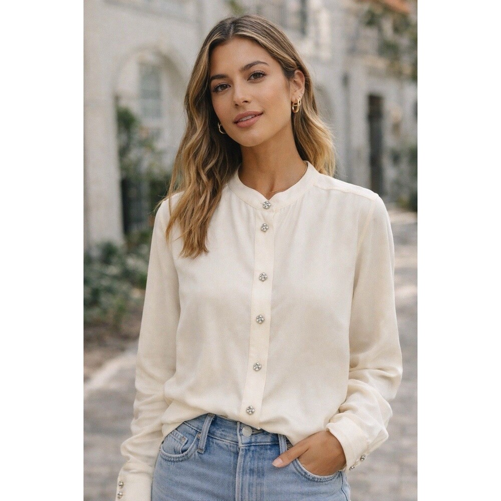 J Crew Blouse Cream Embellished Jewel Button Down Cupro Mandarin Collar